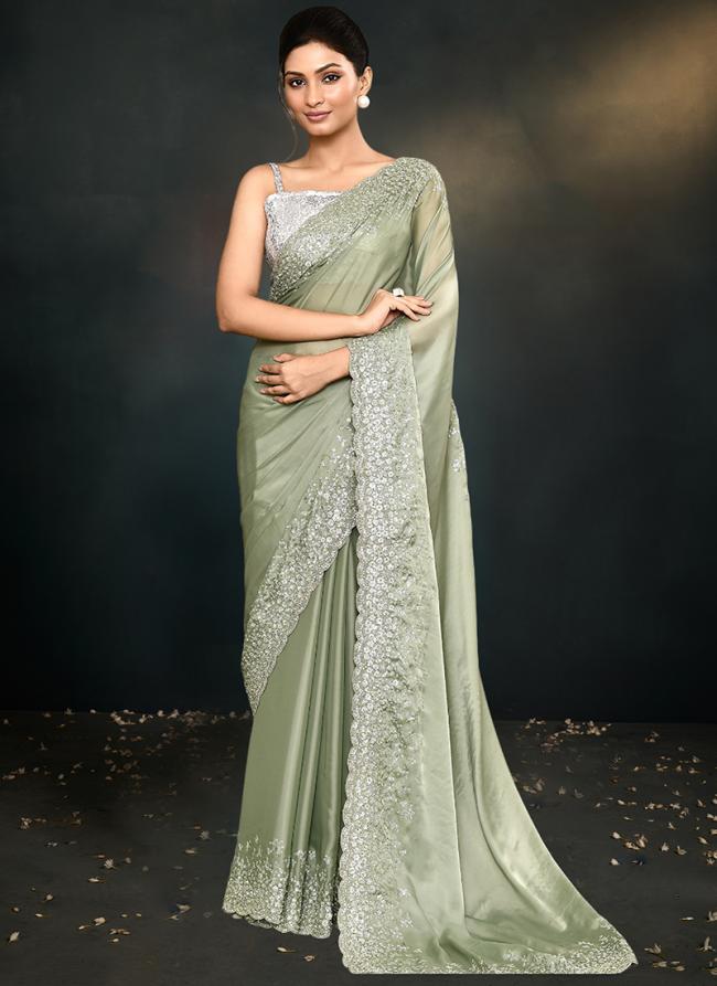 Sattin Silk Green Party Wear Embroidery Work Saree